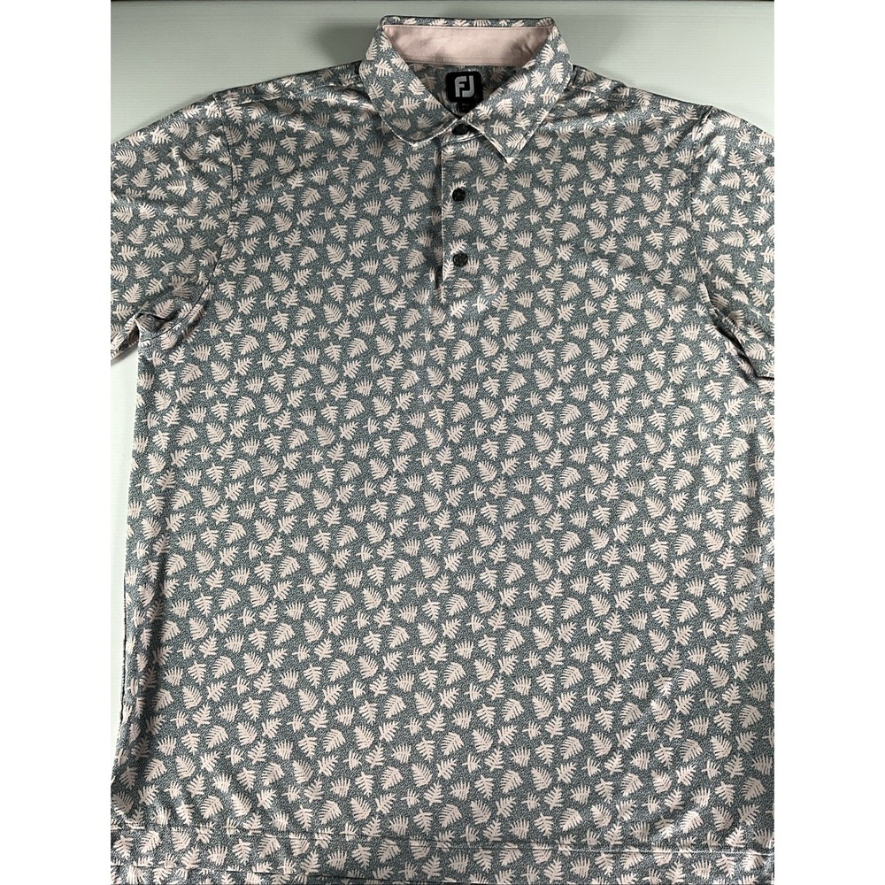 FootJoy Golf Polo Mens XL Pink Grey Fern Leaf Pattern Stretch Performance Shirt